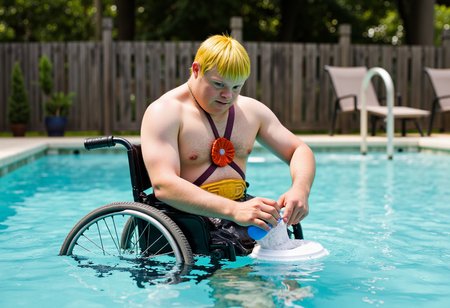 a cinematic photo of a wheelchair-bound He-Man with Down syndrome cleaning the pool.  No deformed hands.