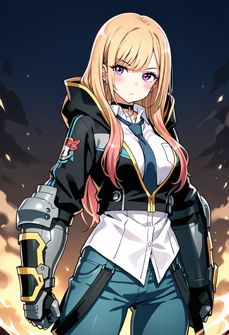 <lora:jinsepatus_IXL:0.7> 1girl,kitagawa marine,blonde hair,long hair,purple eyes ,white shirt,blue necktie, jinclassicoutfit,black jacket,blue pants,hood,
,gauntlets,
,best quality,masterpiece