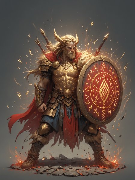 by Julie Mehretu, eclectic, by Andre-Charles Boulle, intricate gold, canvas, detailed, barbarian, fantasy, <lora:Flashfire_Glowing_Runes:0.7>, Flashfire glowing runes, full body, blue, holds a sword and shield, <lora:ral-dissolve:0.3>, ral-dissolve, <lora:Into_Darkness:0.5>, <lora:hkmagicV2:0.3>, hkmagic, red coat,