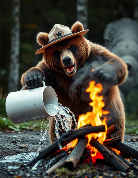 an angry bear in a ranger hat pouring a bucket of water onto a fire