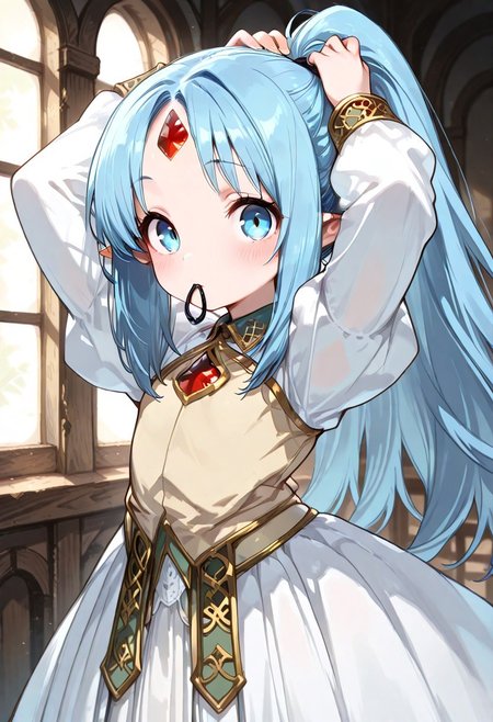 masterpiece, best quality, good quality, very awa, very aesthetic, absurdres, newest, high resolution,high quality,detailed,cute details, sharp focus, gr4ph1t3, beautiful eyes, perfect eyes, detailed eyes, 1girl, solo, reset_kalar_il ,pointy ears,blue hair,long hair,red gem forehead, cute dress, arms up, ponytail, tying hair, adjusting hair, mouth hold, hair tie in mouth, looking at viewer, parted lips, blush, very cute, closeup, indoors, fantasy