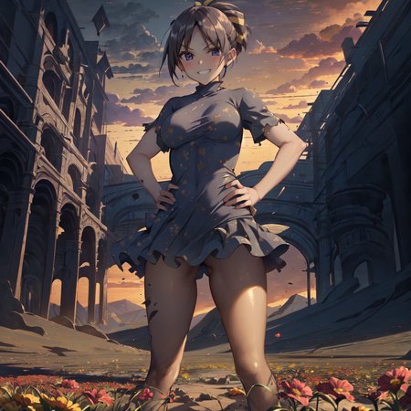 masterpiece, best quality, absurdres, detailed, 1girl, solo, AkiraGGN, short hair, brown hair, purple eyes, yellow hair bow, red t-shirt, print, miniskirt, flower field medium breasts, parted bangs, ponytail, standing, hands on hips, grin, <lora:AkiraGGN:1> <lora:djzEndGate_v15:1>