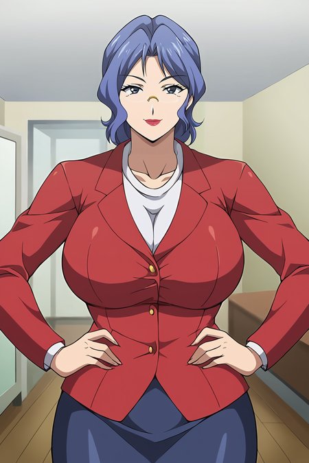 <lora:Naoko_Daimon-Kyonyuu_Hitozuma_Onna_Kyoushi_Saimin:0.8>,naoko,1girl,glasses,mature female,blue eyes,blue hair,lipstick,breasts,red suit,skirt,cowboy shot,hands on own hips,looking at viewer,smile,indoors