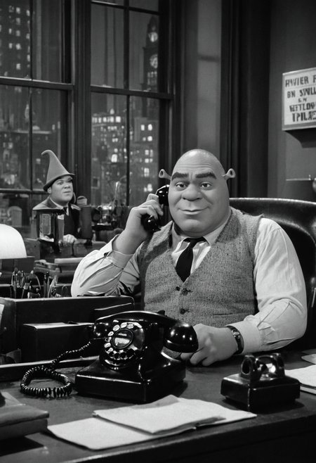In 1950s Chicago, Night, interior of a private detective's office, the Shrek sitting by his desk, talking on the phone, the blinds on the window let in the neon lights. Captured on a 35mm camera, black and white, classic film.
inside  <lora:JuggerCineXL2:1>  Film Still, film grain   <lora:Shrek1024:0.5> Shrek1024