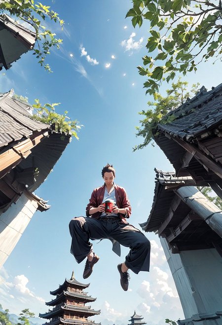 bug, sky, pagoda, torn pants, multiple boys, forehead mark, blurry, ofuda, holding cup, plant