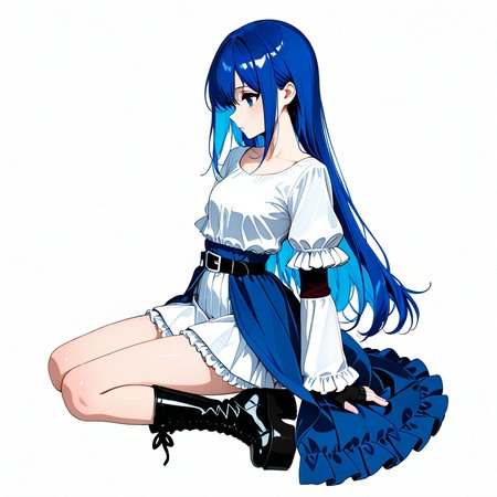 (white High-waisted frilled  dress, ), waist belt, ((layered sleeves, petticoat, white outer short sleeves, (fingerless gloves:0.95)), (blue inner long overskirt:1.2)), , (white short skirt:1.3), Ruffle Stand Neck, (blue inner long ruffled sleeves:1.1), black short platform boots