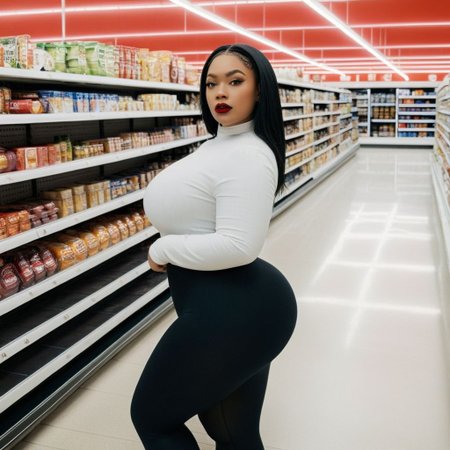 dummy thicc woman standing in a grocery store, black tights, white shirt, detailed face, red lipstick, from the front, industrial lighting
