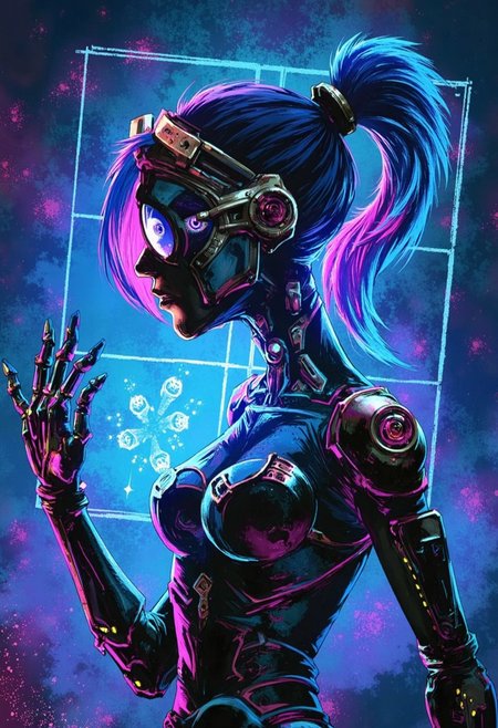 ArcaneFGTNR, Holographic android, neon splashes, electric blue highlights, swirling colors, glowing tech, digital energy, cybernetic design, abstract sci-fi art, radiant glow, futuristic brilliance
