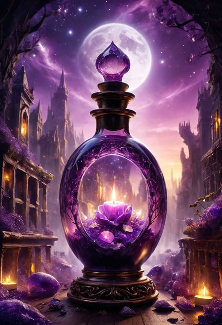 Masterpiece, 4k, high_def, Score_9, Score_8, best quality, photorealistic magic potion, intricately crafted glass bottle, glowing elixir, vibrant hues of purple and silver, ethereal radiance, soft luminous glow, shimmering magical lights, wax-sealed stopper, golden highlights that catch the light dynamically, delicate spark-like particles floating around, fantasy-inspired aura, radiant and majestic, stunning reflections, detailed craftsmanship, evoking an ethereal and otherworldly beauty