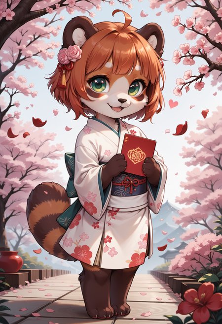 score_9, score_8_up, score_7_up, source_furry, rating_safe, simple illustration,
valentine theme, valentine's day card design, love theme, hearts, cherry blossoms, petals on wind,
1girl, solo,
furry female, (semi-anthro red_panda girl:1.2), (chibi:1.2), beautiful girl, (cute girl:1.2), beautiful face, detailed face, perfect eyes, detailed eyes, big eyes, green eyes, orange hair, short hair, (paws:1.1),
traditional japanese clothes, kimono, flower print,
standing, happy, wide smile, holding love_letter,
<lora:princess_xl_v2:0.6>, <lora:p_ami_v10_adafactor:0.4>, <lora:incase-ilff-v3-4:0.5>, <lora:CleanDetailed_Eyes:0.25>,âââ