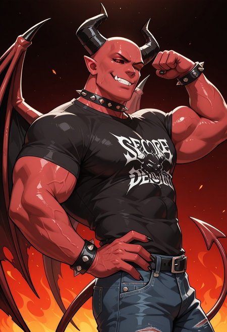 solo, male focus, masterpiece, absurdres, very aesthetic, ultra-detailed, amazing quality, masculine, mature male, 
1boy, demon, demon horns, black sclera, red eyes, black nails, sharp nails, red skin, devil wings, devil tail, pointy ears, underbite, fangs, muscular, bara, black shirt, short sleeves, graphic t-shirt, band shirt,  huge biceps, pectorals, abs, spiked choker, spiked bracelets, flexing, grin, teeth, one eye closed, winking, arm up, clenched hand, hand on hip, looking at viewer, half-closed eyes, narrowed eyes, bald, shiny skin, from side, side view, jeans, belt,
BREAK 
upper body, half-length portrait, perfect lighting, fiery background, abstract background, 
score_9, score_8_up, score_7_up, WaiIL25PosC, Expressiveh,