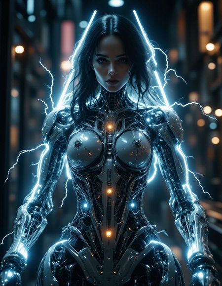  a full_body image of a beautiful (cyborg girl) wired-cyborg, futuristic appearance, holding two swords with electric energy and lightning dancing across the blades. 