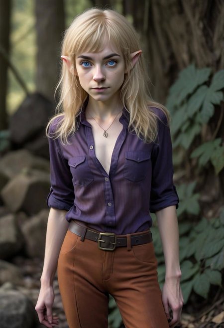 photo of pale (Age 19) female (halfling:1.75), (flat chested, rectangle body shape), (shaggy blonde, middle part), blue eyes, ((Dark purple)/(Dark Orange) masculine shirt/pants), homely, tiny, petite, thin, toned, lithe, full body, outdoors, HDR