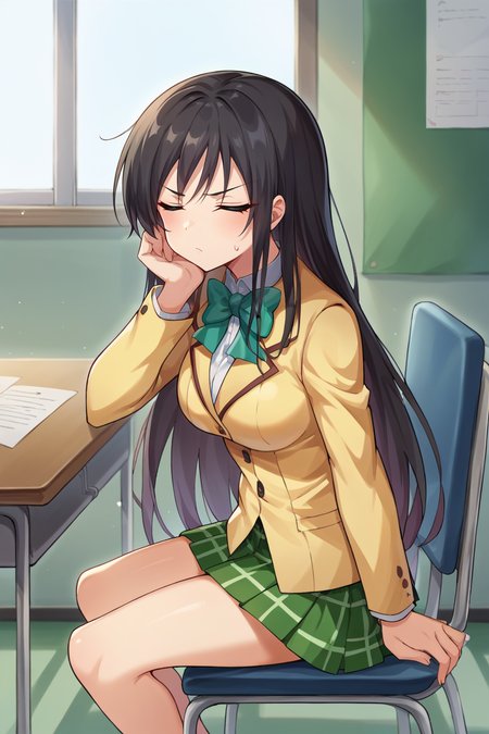 score_9, score_8_up, source_anime, BREAK 1girl <lora:kotegawayui-pdxl-nvwls-v1:1> kotegawayui, long hair, yellow blazer, long sleeves, green bowtie, plaid miniskirt, green miniskirt, sitting, desk, chair, from side, looking at viewer, annoyed, closed eyes