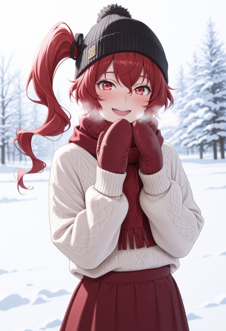 masterpiece,best quality,absurdres,highres,very aesthetic,high quality,detailed,insanely detailed,beautiful,perfect lighting, looking at viewer, smile, , solid white background, 1girl, solo, looking at viewer,
 <lora:Teruko Ôkura illu:1> 1girl, red hair, side ponytail, red eyes, long hair, 
 winter, snowfield, sweater, long skirt, outdoors, scarf, winter, smile, blush, upper body, abstract background, beanie, portrait, alternate costume, white background, looking at viewer, smile, mittens, blush, scarf, heavy breathing, open mouth, hat, winter clothes, pom pom \(clothes\)