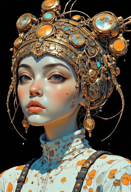 A very detailed striking surreal close-up portrait of a pale royal milky-white cyberpunk princess with neon blue eyebrows. She wears elegant make-up and a kind of futuristic golden metal crown studded with jewels and crystals. The picture is otherworldly, rich in detail and photorealistic. w3p0rtra1t, experimental, artistic, very detailed, 4k, midjourney_whisper_avant_couture