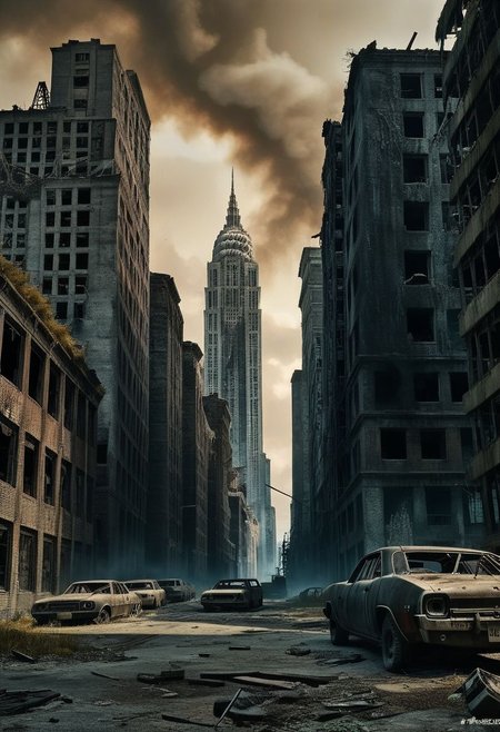 A hauntingly beautiful apocalyptic vision depicting a desolated cityscape in the aftermath of a catastrophic event. The sky is a dark, ominous hue, and the ground is littered with debris, abandoned cars, and destroyed buildings. In the distance, a towering skyscraper stands partially destroyed, with plumes of smoke billowing from its ruins. A few remaining humans, clad in tattered clothes, wander aimlessly in the foreground, their faces etched with despair. The overall atmosphere of the scene is eerie, with a sense of desolation and hopelessness. Post apocalyptic, Futuristic image, Cyberpunk city, Utopia