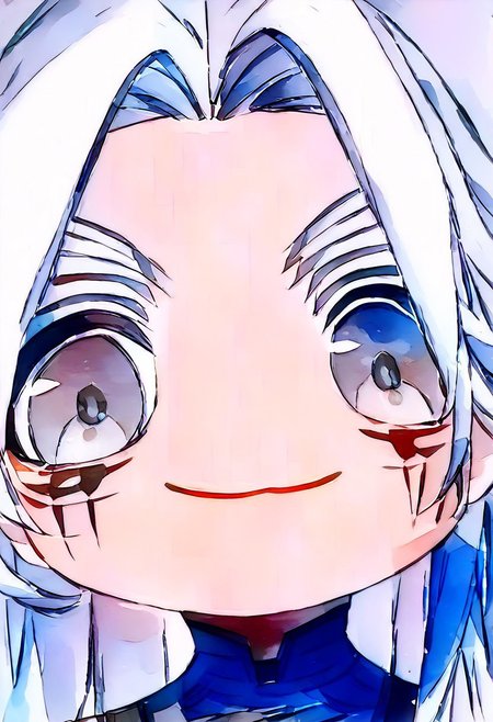 score_9, score_8_up, mutsukiface, chibi, portrait, smile, closed mouth, close-up, ((watercolor painting)),mutsukiface, chibi, portrait, smile, closed mouth, close-up, Calcharo, wuthering waves, white hair, long white hair, face tattoo, bodysuit, grey eyes, black clothes