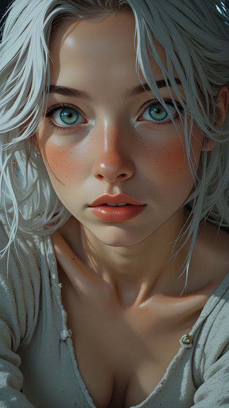 The portrait captures a moment of serene beauty, where the subject's face is framed by silvery-white hair that falls loosely around her shoulders. Her skin is fair, adorned with delicate freckles that dot her cheeks and nose, adding a touch of natural charm to her appearance. Her eyes are strikingâa piercing shade of blue, their irises bright and vivid, reflecting an inner light that draws the viewer in with quiet intensity.
Her expression is calm yet expressive, her lips slightly parted as though she is caught in a fleeting thought or perhaps a quiet smile. The lighting is soft and even, highlighting the subtle contours of her face and accentuating the natural glow of her complexion. She wears a simple, textured garment that drapes gently over her shoulders, adding a sense of understated elegance to the scene.
The overall impression is one of timeless grace and quiet confidence. There is a sense of vulnerability and strength coexisting within her presence, as though she embodies both resilience and introspection. The image feels intimate, capturing a candid moment where the subject seems to exist in perfect harmony with herself, inviting the viewer to linger on the intricate details of her features and the warmth of her gaze., <lora:FLUX\jul\J_Anime:0.7>, <lora:FLUX\RealAnime:0.7>