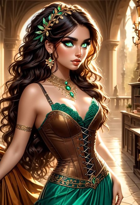 22-year-old Latina female, Her long, brown hair cascades in loose waves down her back, perfectly complementing her warm brown eyes that always seem to sparkle with curiosity and kindness. sun-kissed skin and athletic build reflect her love for the outdoors and an active lifestyle. She's in a vibrant and intricately laced cup-less formal corset dress that showcases her personality and cultural pride. Big natural cleavage. She has a serious expression on her face.  Standing in the library of a castle, make the background in focus too. Camera should be up high looking down on her face and cleavage, top view. Give her a gold headband, beautiful and intricate gold necklace with an emerald in it, earrings, bracelet. Euphoria makeup style: with rhinestones around the eyes, bold colors and drama. really focus on the eyes and make them as accurate as possible.