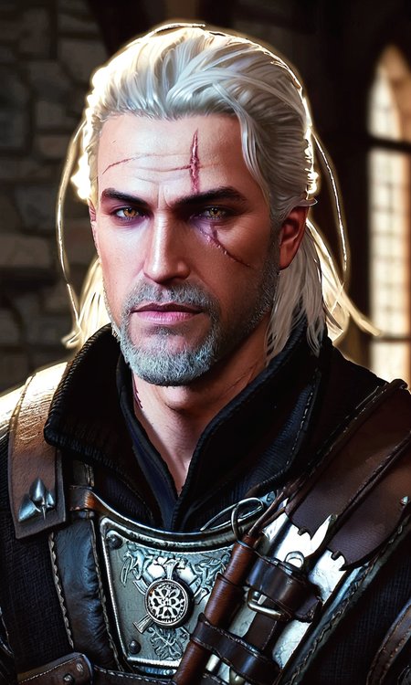 score_9, score_8_up, score_7_up, BREAK,zy_grealt, solo, facial hair, scar, beard, scar on face, white hair, portrait, realistic, photo, real hair, detailed skin, armor, dungeon, highly detailed, detailed skin, depth of field, film grain <lora:zy_Geralt_PonyRealism_v1:0.8>