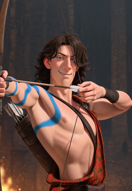 masterpiece, best quality, amazing quality, detailed background, intricate details, dynamic, cinematic, animated, anime realistic shading, solo, male focus, 1boy, handsome, ry4n, brown hair, curly hair, medium hair, blue eyes, arm woad paint, muscular male, upper body, tartan kilt, leather wristbands, leather boots, flirting with viewer, smirk, holding bow (weapon), arrow, aiming, abstract background,