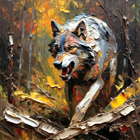 impasto attacking wolf, close-up in the background of a dark forest
 <lora:impasto:1>