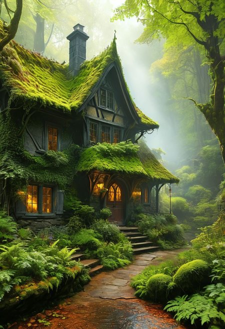Create a magical scene featuring an enchanting, fairy-tale cottage nestled in a lush, ancient forest. The cottage should have intricate gothic architecture with pointed spires and a slate roof, its windows glowing warmly from the light inside. The forest is dense with towering trees, their trunks covered in moss and ferns. Sunlight filters through the thick canopy, casting ethereal beams of light that illuminate the misty air and create a mystical atmosphere. 
