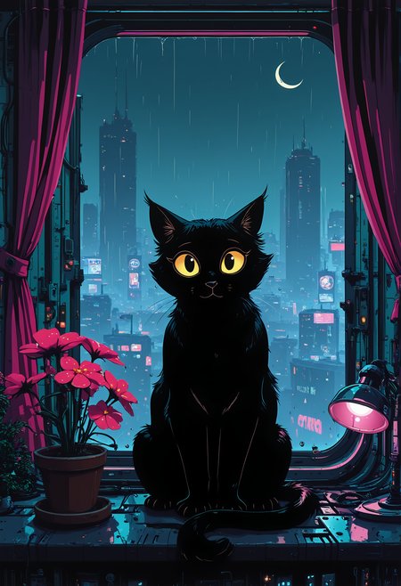 cybernetic cat, animal focus, solo, sitting, sitting at window still, curled tail, looking back at viewer, window, raindrops, flower pot, curtains, lamp, futuristic, modern, cozy atmosphere, night, city, skyscrapers, penthouse, crescent moon, anime screencap,  painterly, volumetric lighting, no line art, no outline, photo (medium), fine art, masterpiece, best quality, good quality, very awa, very aesthetic, absurdres, newest, 8k, high contrast, in the style of cknc,