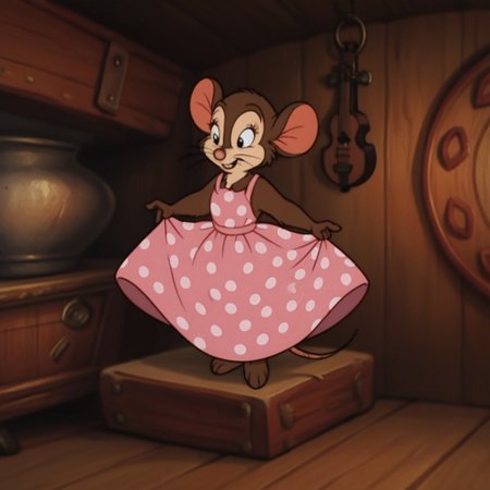 score_9, score_8_up, score_7_up, score_6_up, score_5_up, score_4_up, source_furry, tanyaMv2, semi-anthro, female, mouse, brown fur, black eyes, buck teeth, whiskers, pink polka dotted sun dress, inside
