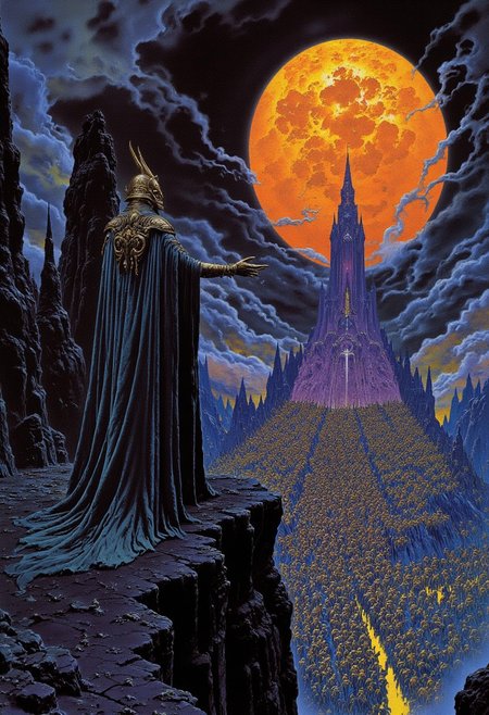 Morgoth stands on the edge of a jagged cliff, his massive,shiny armored form and horned helmet silhouetted against a fiery, glowing horizon. From an over-the-shoulder view, the scene captures the dark lord gazing upon his endless army marching in perfect formation across a desolate, ominous landscape. The eerie atmosphere is heightened by vibrant, glowing colors that clash with deep shadows,under  giant eerie sun, creating a chiaroscuro effect that emphasizes the contrast between light and darkness. The epic scale of the scene is infused with mystery and menace, embodying the dark fantasy essence of Lord of the Rings,reflections,crowd, best quality, masterpiece,detailed,dramatic,over the shoulder view,from behind,(close-up:1.5), main focus on Morgoth, asymmetrical compsition, depth of field, forced perspective,traditional media,frank frazetta,nicola samori,gustave dore, J. r. r. tolkien,
best quality,masterpiece,Directional Lighting,
Tempera, Asymmetry, Solarized,intricate, highly detailed, high contrast, strong shadows, dry brush, oil on canvas,colorful,cyan,electric purple,chrysolite