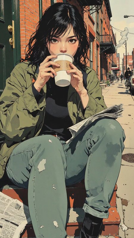 pingtu style, Realistic comic-style illustration of a young woman sitting on the steps of a brownstone apartment, sipping coffee from a paper cup. Her tousled hair falls over her shoulders, a few strands catching the morning light as she pulls her oversized jacket tighter against the crisp air. A half-read newspaper rests beside her, its pages slightly crumpled. In the background, the city slowly wakesâbicycles passing, steam rising from a street vent, muted conversations drifting through the air. Her eyes are distant, lost in thought, as she absentmindedly traces the rim of her cup. Bold comic-style linework, rich textures, expressive cross-hatching, warm, natural color palette, blending realism with graphic novel aesthetics <lora:RM_Illustrify_v1.0M:0.6> <lora:illustration:0.8> <lora:Comic_Style_-_FLUX:0.2>