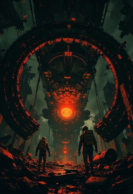 Two astronauts in spacesuits float in dark space inside a massive, dilapidated structure that looks like a giant ring or mechanism. At the center of this structure is a brightly glowing source of red light, surrounded by metal structures and debris. The atmosphere is disturbing and gloomy, with a sense of abandonment and danger coming from a destroyed space object