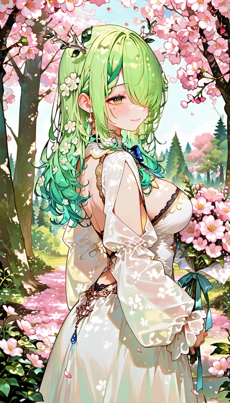 1girl,ceresfauna,hololive,

antlers,Backcutout,bouquet,breasts,Closed_mouth,clothing_cutout,Day,detached_collar,dress,falling_petals,flower,from_side,gradient_hair,green_hair,hair_flower,Hair_ornament,hair_over_one_eye,Horns,large_breasts,lightsmile,long_bangs,longhair,tree,mole_under_eye,bouquet,forest,body-shape,Cherry blossoms,

masterpiece, best quality, amazing quality, very aesthetic, absurdres, detailed background, detailed foreground, detailed eyes, detailed clothing, detailed hair, detailed shading
