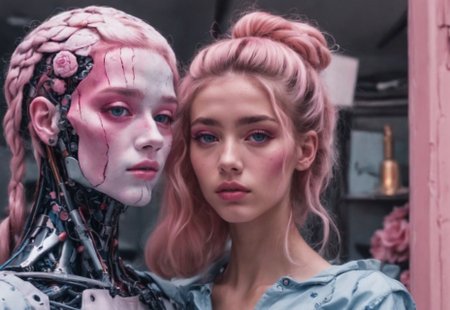 Plan américain sur une belle cyborg humanoïde à l'allure élancée et aux cheveux blond courts. Dans sa main une rose rouge vive. Le décor est post-apocalyptique glacial.  Un halo de lumière douce éclaire la cyborg et la rose.