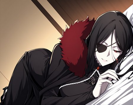 <lora:Hailey_Orga:1>
1 girl, solo, red eyes, black hair, long hair, hair between eyes, pale skin, large breasts
black dress, bridal gauntlets, cape, earrings, eyepatch, fur trim, black nails, black fingerless gloves, high heels, pantyhose, single glove
score_9, score_8_up, score_7_up, source anime, masterpiece, best quality, 1girl, anime coloring, hetero, lying on side, half-closed eyes, light smile, parted lips, bedsheet, dutch angle, hotel room background