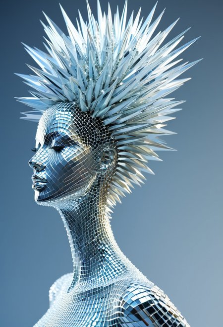 Woman in the style of made of crystals, extruded design, sharp/prickly, vray, pulsating rhythm, silver, dynamic figure studies
