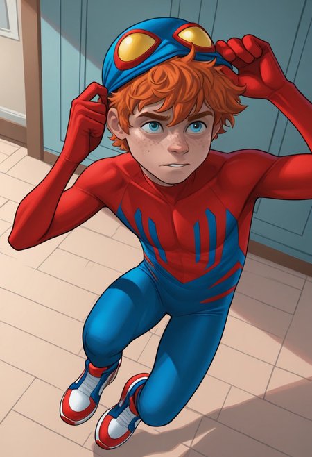 1boy, male focus, cute boy, solo, BaileyBriggs, blue Mask, Yellow Eyes, Spiderboy Costume, Two-tone Bodysuit, Red Bodysuit, Blue Bodysuit, Red Blue Sneakers, cinematic, intricately detailed illustration, depth of field, masterpiece, best quality, amazing quality, very aesthetic, absurdres, newest, very awa, shadow, dynamic angle, casual cosplay, maskLiftConcept, Mask on scalp, Orange Hair, Blue Eyes, Freckles