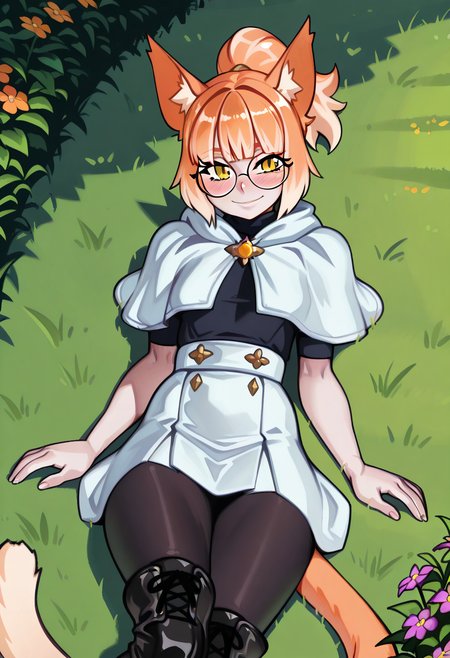 skinny, light orange cat ears, light orange cat tail, short ponytail, air_ bangs, (light orange hair), yellow eyes, slit pupils, round glasses,
white capelet, black pantyhose, boots, white skirt,
garden, flower,
cowboy shot, lying on back, blush, smile, looking at viewer, grass, provoactive,
masterpiece,best quality,amazing quality, <lora:TruedevirishIL-_style:1>, truedevirishstyle,