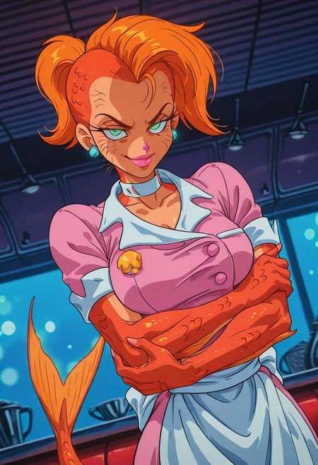 PearlWhiteFP, 1girl, solo, monster girl, mermaid, fish, colored skin, reddish-orange scales, orange hair, short hair, ponytail, green eyes, pink lips, earrings, waitress outfit,  pink dress, white collar, white apron, short sleeves, large breast, fish tail, fins,
,seductive pose, sexy pose, tease, 
masterpiece, best quality, fine details, intricate details, depth of field, subsurface scattering, bokeh,
 ultra-detailed, very aesthetic, detailed background, newest, scenery, highres, absurdres, colorful, vibrant, glowing, perfect face, 2d, perfect eyes,  vibrant saturated colors, volumetric lighting, sharp, detailed eyes, perfect anatomy,  perfect face, perfect eyes, mature body, clear eyes, beautiful eyes, athletic, curvy body, athletic girl, perky tits, perfect tits, round breasts, pinup pose, teasing, lustful expression, perfect hands, 
muscular female, dutch angle, 
diner, contented face, in love with the viewer,
,Smooth Negative, Smooth_Quality,
90s_anime_aesthetic, 1990s (style), dark_fantasy_style, dark fantasy, retro,