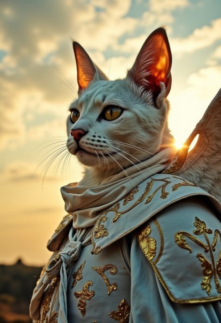 mmstyle, an eerie closeup portrait of an ethereal anthropomorphic Cat sci-fi knight, donned in radiant white and gold armor with massive, wing-like bat shoulder pauldrons. His torn silk cape shimmers in the ghostly light of a ruined celestial temple. The sky is a swirl of soft gold and silver clouds, an ancient sun barely visible through the haze.