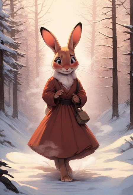 score_9, score_8_up, score_8, solo, (fluffy:0.5), (feral), outdoors, toes, furry, (((rabbit))), female, chest, claws, (fluffy cheeks:0.5), (dress), in the style of beatrix potter, (solo:2), walking in a forest, snow, winter, (steam:2), nervous expression, embarrassed expression,