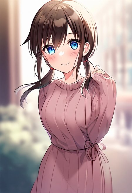 blurred background,
smile,
looking at viewer,
solo,
ayumi,
standing,
masterpiece,best quality,good quality,newest,
