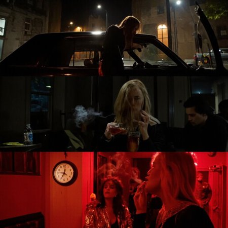 [MOVIE-SHOTS] A gritty urban tale unfolds, [SCENE-1] a woman leans toward the window of a sleek car parked under a flickering streetlight, her silhouette framed by the distant hum of the city, [SCENE-2] transitioning to her seated in a dimly lit hotel lounge, sipping a drink as her eyes dart to the clock on the wall, [SCENE-3] closing with her standing in an alley bathed in red neon light, her bold outfit shimmering as she exhales smoke, the distant buzz of voices echoing around her.
