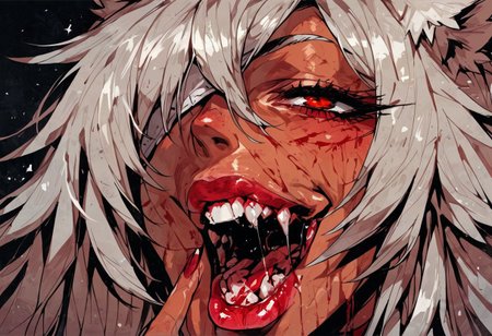 score_9, score_8_up, score_7_up,   1girl, black hair, solo, blood, red eyes, tongue, teeth, open mouth, long hair, blood on face, close-up,  <lora:Fant5yP0ny:0.8>, ghislaine dedoldia, visible breast, pink gloss big bimbo lips, transparent saliva dripping, seductive look, holding her cheeks, super lovely, full head picture,  wet eyeliner,