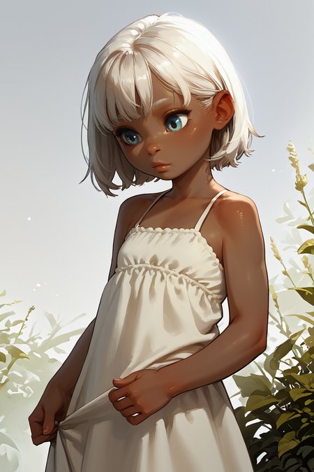 score_9,score_8_up,score_7_up,score_6_up,score_5_up,score_4_up,rating_safe,
1girl, solo, incasestyle, female child, young, small, petite, white hair, dark skin, blue, flat chest,
 <lora:Expressive_H:1>
 <lora:Incase_PDXLV1:0.8>
 <lora:age_slider_v4:-4>