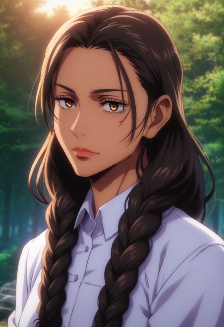 score_9, score_8_up, score_7_up, source_anime, intricate details, anime screencap, perfect balance, official art, extremely detailed CG unity 8k wallpaper, perfect lighting, Colorful, Warm_Front_face_Lighting, (masterpiece:1.0),(best_quality:1.0), ultra high res,4K,ultra-detailed, photography, 8K, HDR, highres, absurdres:1.2, Kodak portra 400, blurry background, bokeh, lens flare, (Anime) (vibrant_color:1.2), professional photograph, night, (good_face:1.2), 2d, anime, upper body, intricate iris, American, Professional character design, 1girl, female focus, (Orange amber eyes), perfect eyes, (black-hair), tanned skin, dark skin, Native American, Indigenous, American Indian, Tribal, feathers, Tribal_braids, Decorated_braids, white dress shirt, bolo tie, black_leather_jacket, Black-Western-Fringe-Jacket, youthful, feminine, solo, jujutsu_kaisen_style, character portrait, (perfect-lighting, lens flare), face, torso, (Friendly), young, (redwood forest, nature), (Dark-black-hair), Long hair, Wild hair, feathered hair, tanned skin, Native American, Indigenous, American Indian, Tribal, feathers, Tribal_braids, Decorated_braids, Feathers-in-braids, white dress shirt, (bolo-tie), Black-Leather-Fringed Jacket, (Black-Fringed-Jacket), wild, animalistic, energetic, hyper, North American, Shimmering-Eyes, Admiration, Pride, (Red, Orange, Yellow, Black) almond-shaped eyes, high cheekbones, strong jawline