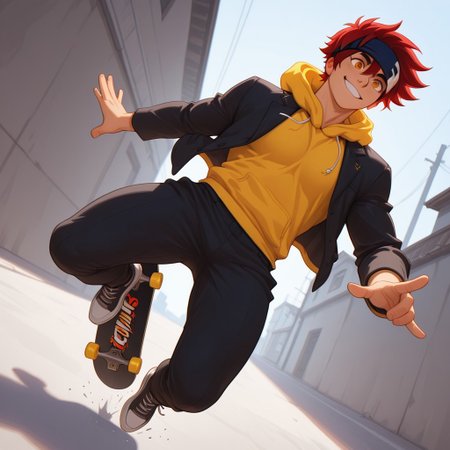 embedding:lazypos, ExpresHGothicNeonIncase, Masterpiece, Best Quality, male focus, score_9, score_8_up, score_7_up, solo,  dynamic angle, dynamic lighting, 
BREAK, 
1boy, Reki Kyan, amber eyes, red hair, headband, full body, fit body, athletic, pecs, broad shoulders, black jacket over a yellow hoodie, black pants, performing kick flick with a skateboard,( in the air:1.1), 
BREAK,
at day, outside, view from below, low angle, smiling, beaming smile