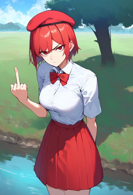 score_9, score_8_up, source_anime,
1girl, solo,
short hair, red hair, red eyes, medium breasts, white shirt, collared shirt, bowtie, angry, middle finger, beret, arm behind back, miniskirt, red skirt, 
field, tree, river, looking at viewer,
