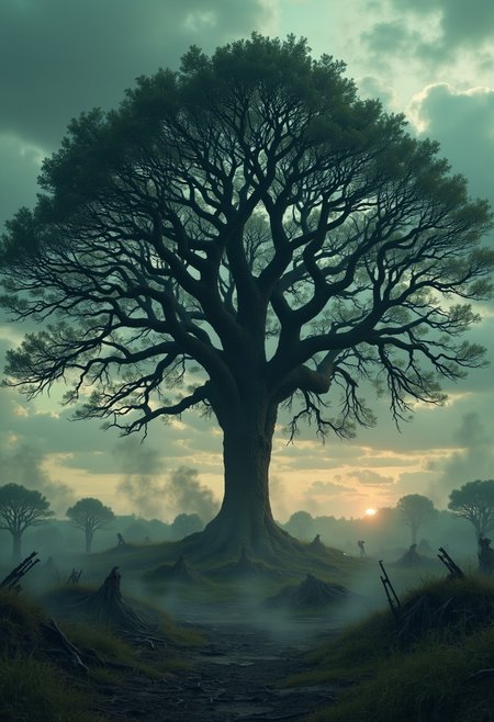 ethdysty. A giant old oak tree amidst an atmospheric war zone.